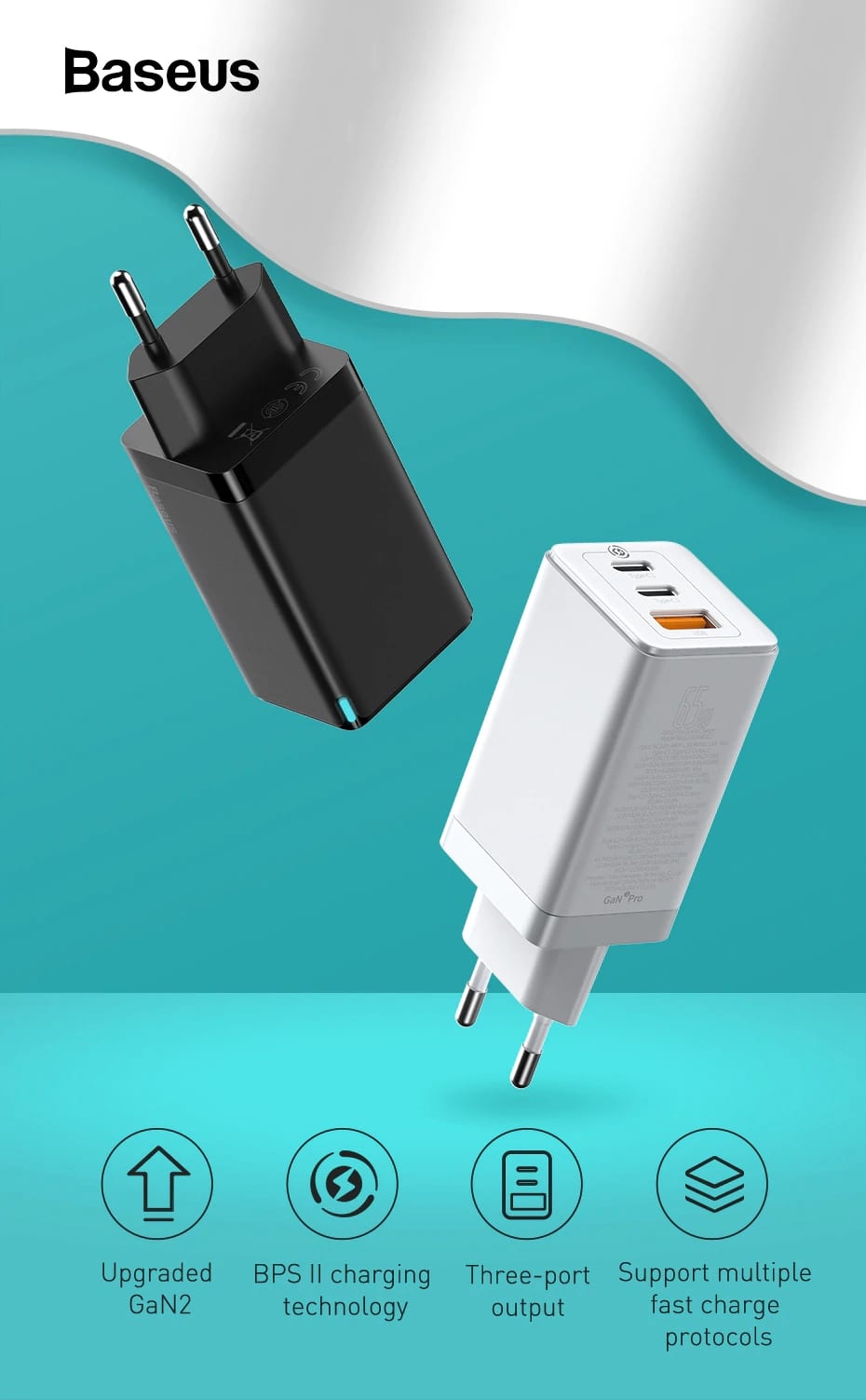Chargeur 65W GaN Charge Rapide 4.0 3.0 AFC SCP PD 3.0 USB Et USB-C - Baseus