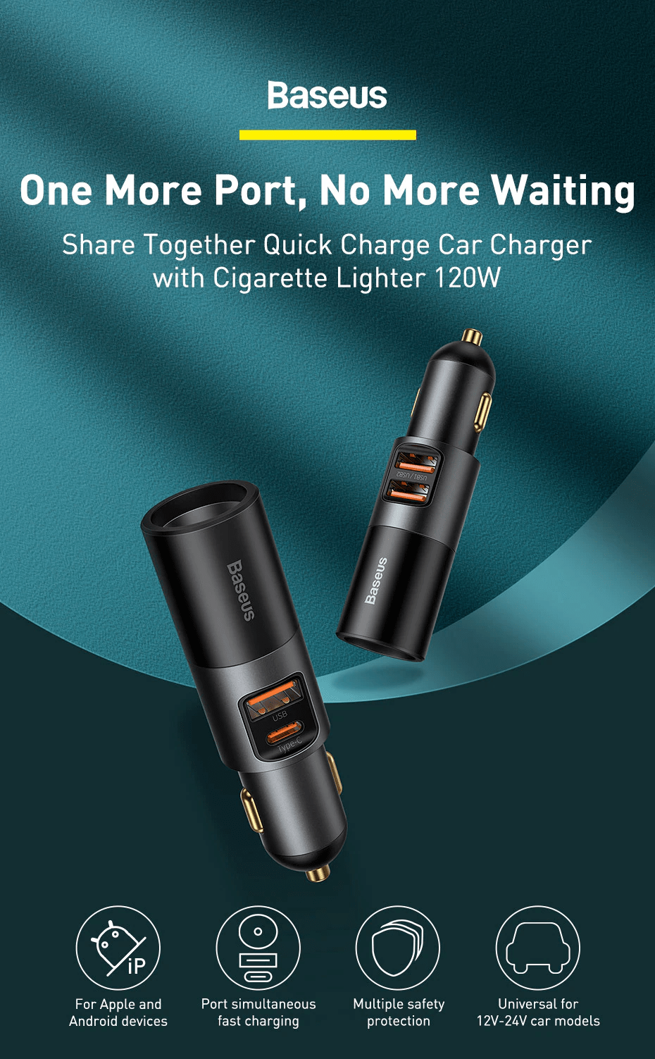 Chargeur de Voiture 120W QC3.0 Charge Rapide 12V / 24V, Adaptateur  répartiteur Allume-Cigare 4 USB + 3 Prises avec câble d'extension pour  téléphone/Pad/Tablette/Android/Samsung/HTC/GPS/Dash cam : :  High-Tech