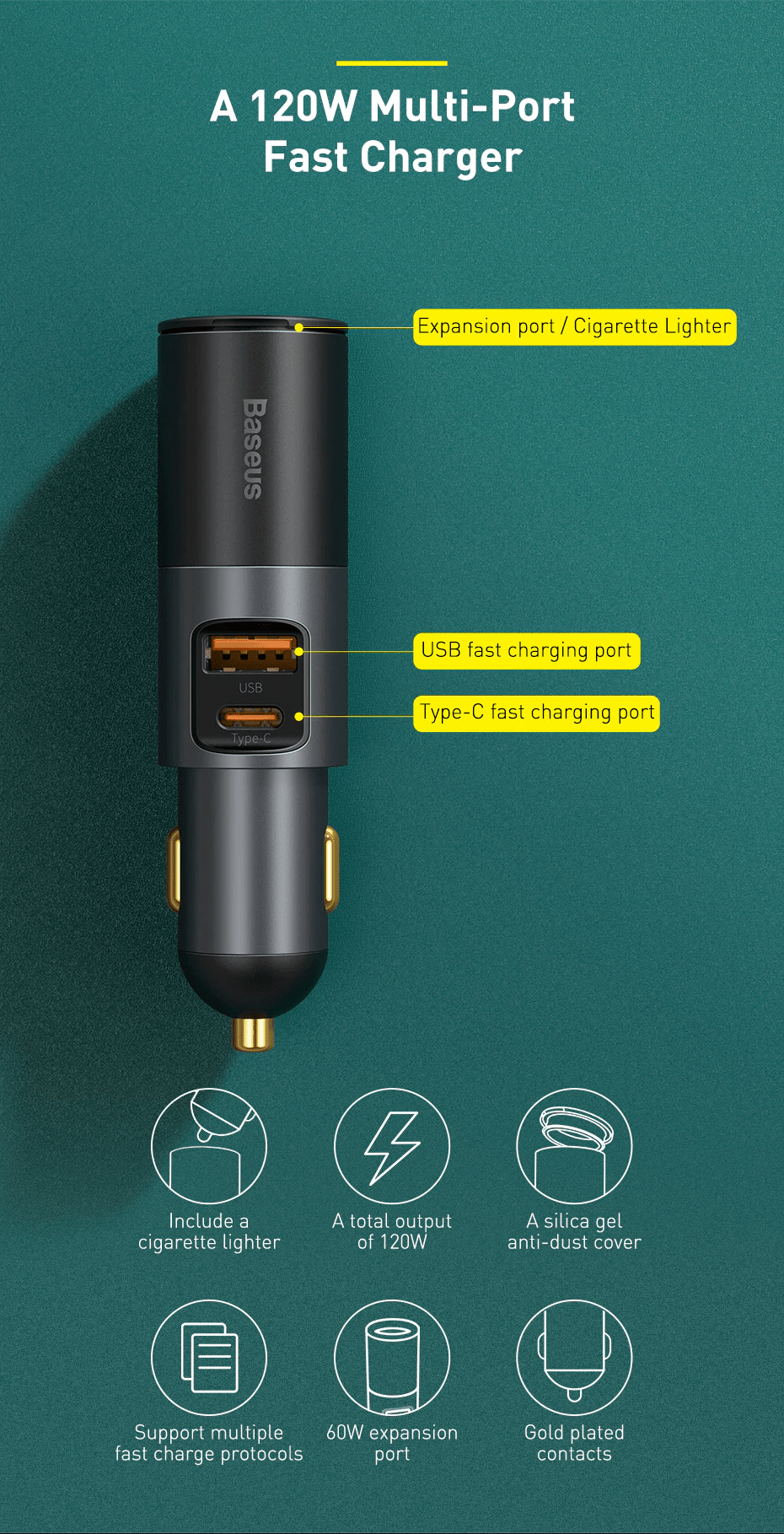 Chargeur allume-cigare USB + Type-C à charge rapide Baseus CCJD-0G