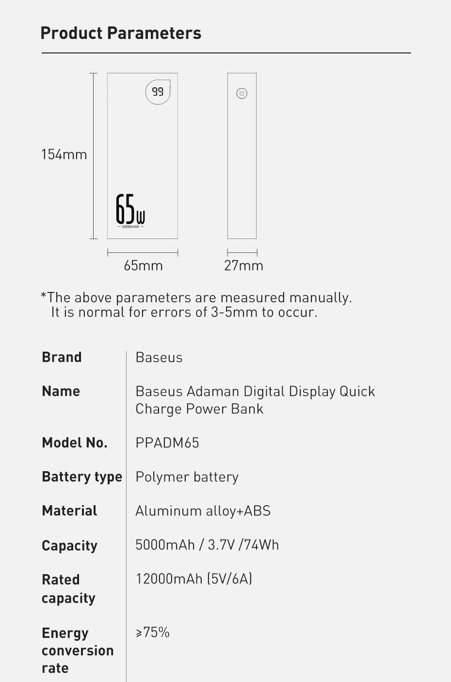 Batterie Externe 20000mAh 22.5W / 65W Charge Rapide PD RAPIDE