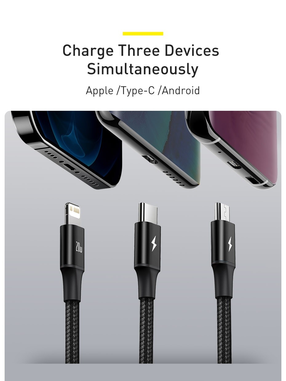 Baseus câble 3-in-1 chargeur magnetique - MicroUSB, USB-C, Lightning 1  metre - Allo Réparateur - Réparation iPhone, iPad, MacBook Pro, iMac,  X-Box, Playstation, Nintendo et Samsung en Tunisie