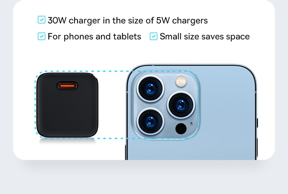 Chargeur Rapide USB Type-c 30W GaN PD, Compatible Avec IPhone 13 12 Pro  Max, Tablettes, PD3.0 QC3.0 PPS - Baseus