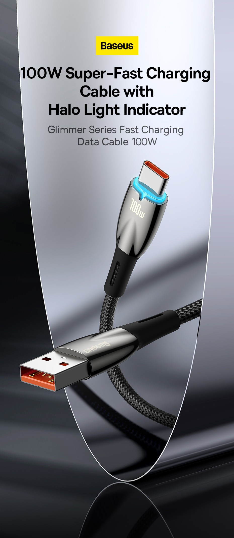 Câble de charge rapide Baseus Glimmer Series USB-C 480Mbps PD 100W