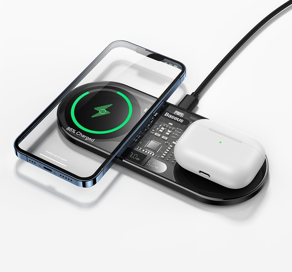 Radio-reveil avec chargeur sans fil pour iphone xs smartphone induction qi  bureau (argent)