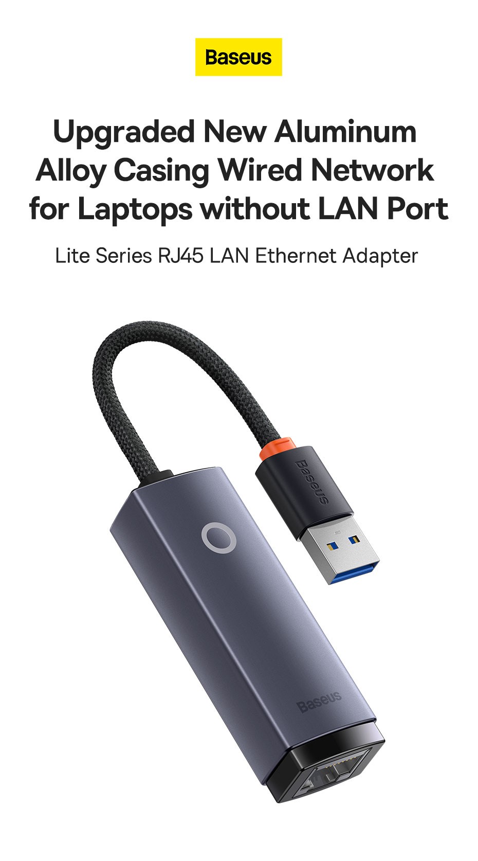 Adaptateur USB-C vers Ethernet RJ45, 1000 Mbps, Baseus - Noir - Français