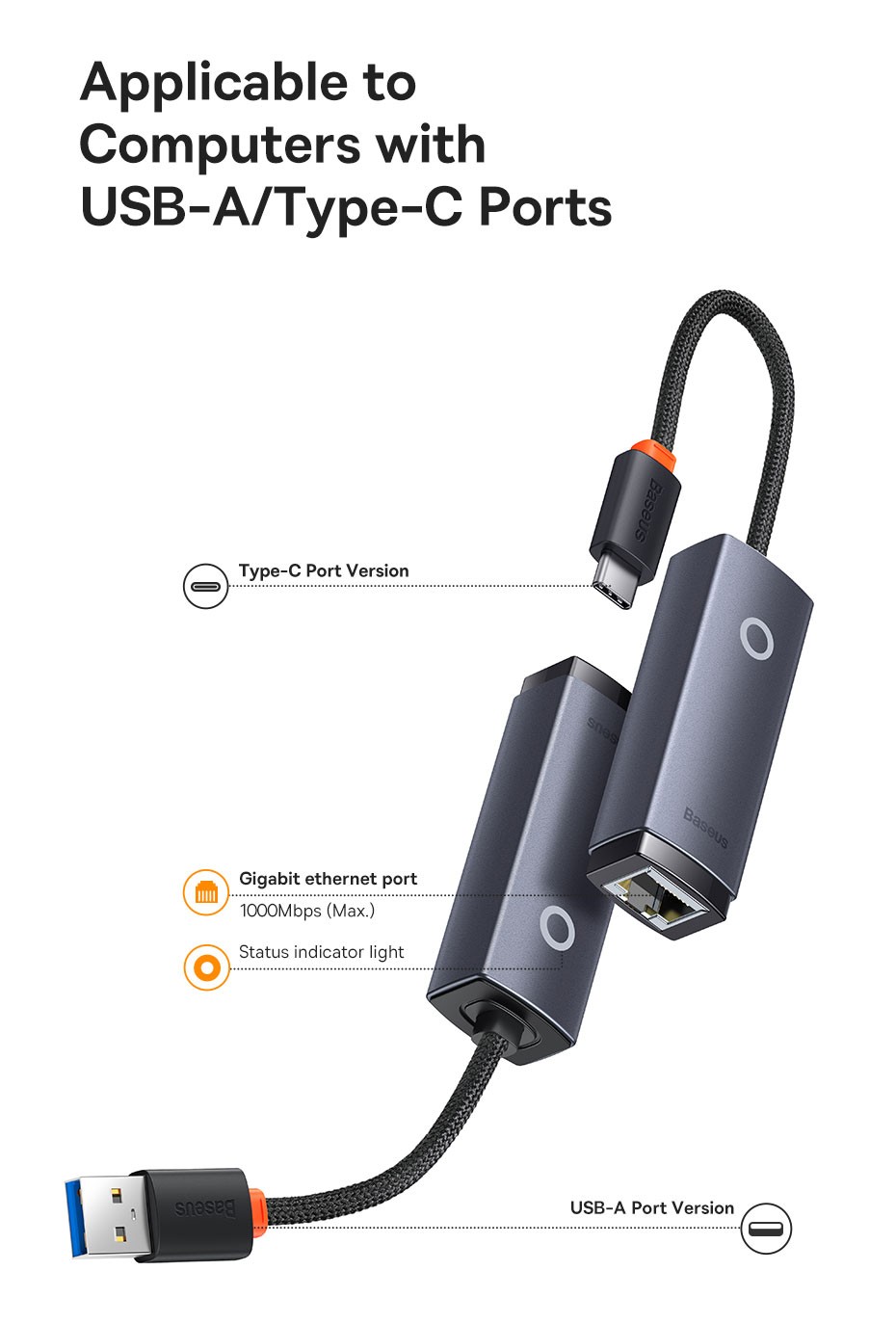 Adaptateur USB-C Vers Ethernet, En Aluminium, Gigabit, Pour