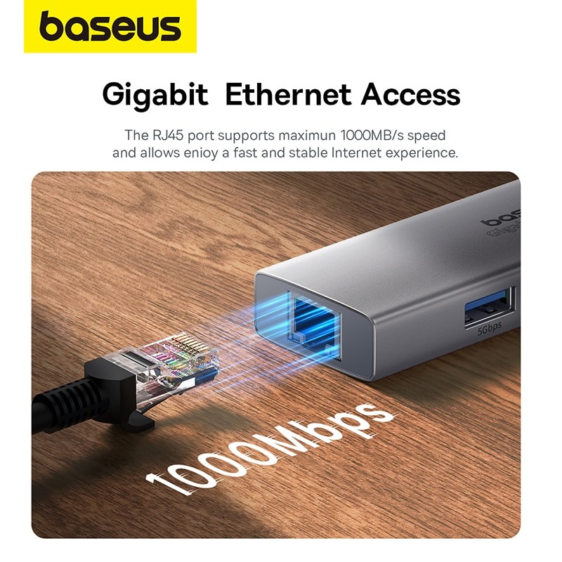 HUB USB Avec Port Ethernet 1000Mbps, 3 X USB 3.0, Adaptateur USB RJ45 Lan USB  C, Hub Pour PC Mi Box Macbook, Accessoires Pour Ordinateur Portable - Baseus