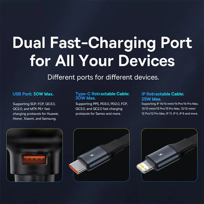 Chargeur de Voiture rétractable, USB C Charge Rapide 2 en 1 45 W,  Adaptateur de Chargeur de Voiture Compatible pour Les téléphones Portables  iOS et